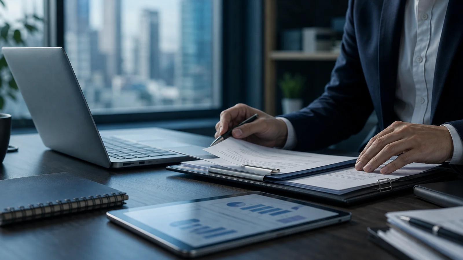 Advisor reviewing financial dispute paperwork
